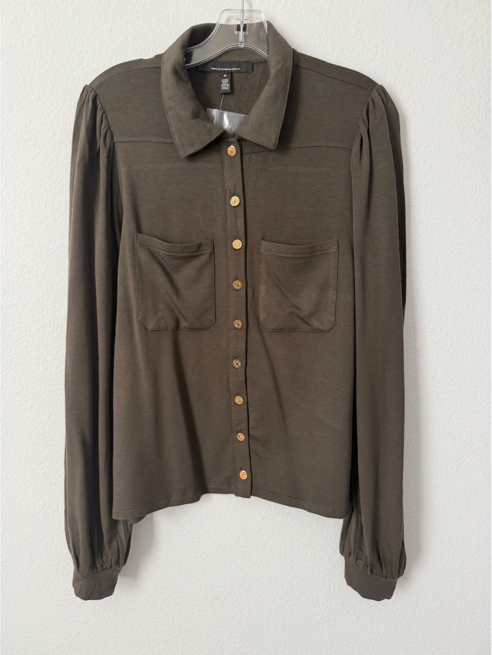 WHBM NWT Olive Green Stretch Long Sleeve Button Up Collared Blouse Size M